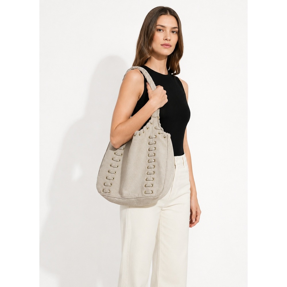 St John Knit Hobo Bag Beige‎ Grommet Lace Up Braided Strap Shoulder Tote Purse L